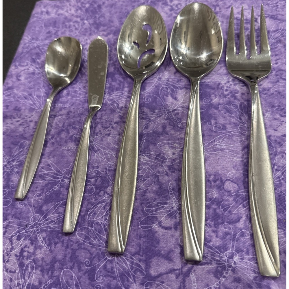 Oneida Camlynn Cleo Satin Stainless Steel Hostess Set 5 Pieces Spoon Fork‎ Sugar